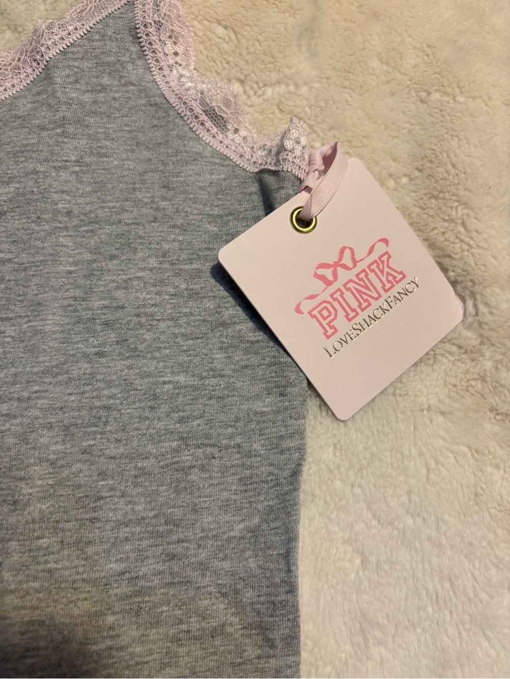 NWT LoveShackFancy X VS PINK Cami Medium Gray Pink Bow Lace Trim Tank Cotton NEW - Picture 11 of 16